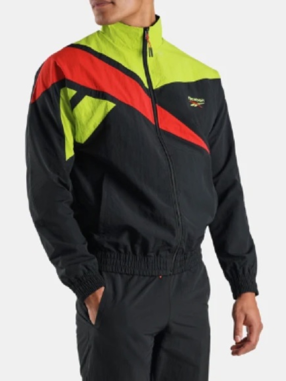 Men’s Boys Reebok Black Funnel Neck Jacket Neon Green and Red Accent Panels